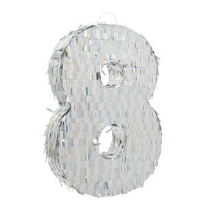 Small Silver Holographic Number 8 Pinata for Birthday Party Decorations (15.7 X 9 3 in) Wood