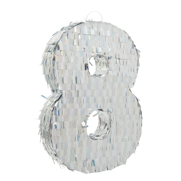 Small Silver Holographic Number 8 Pinata for Birthday Party Decorations (15.7 X 9 3 in) Wood