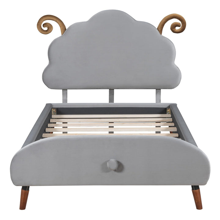 Twin Size Velvet Upholstered Platform Bed with Sheep-Shaped