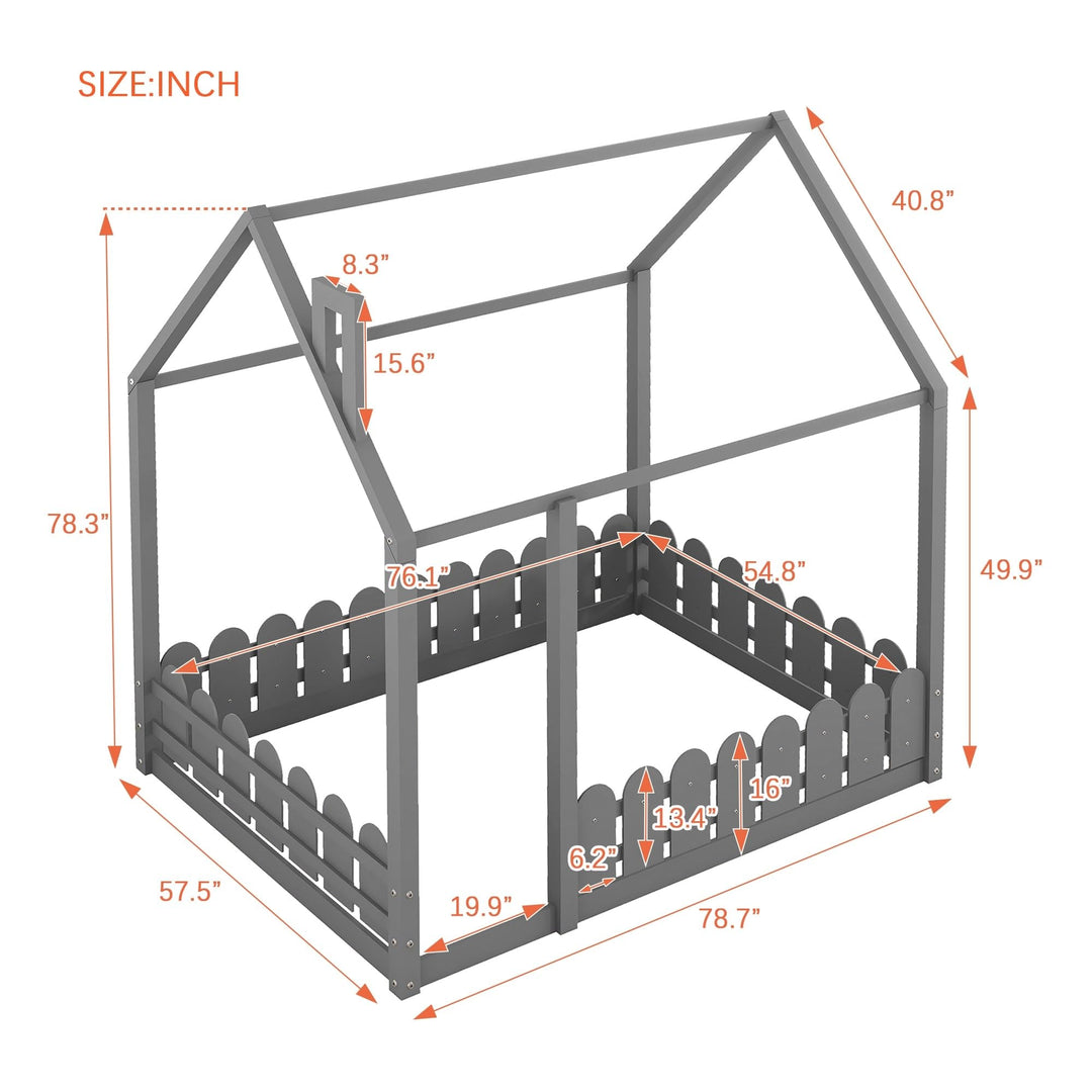 Slats are Not Included Full Size Wood Bed House Frame with Fence for