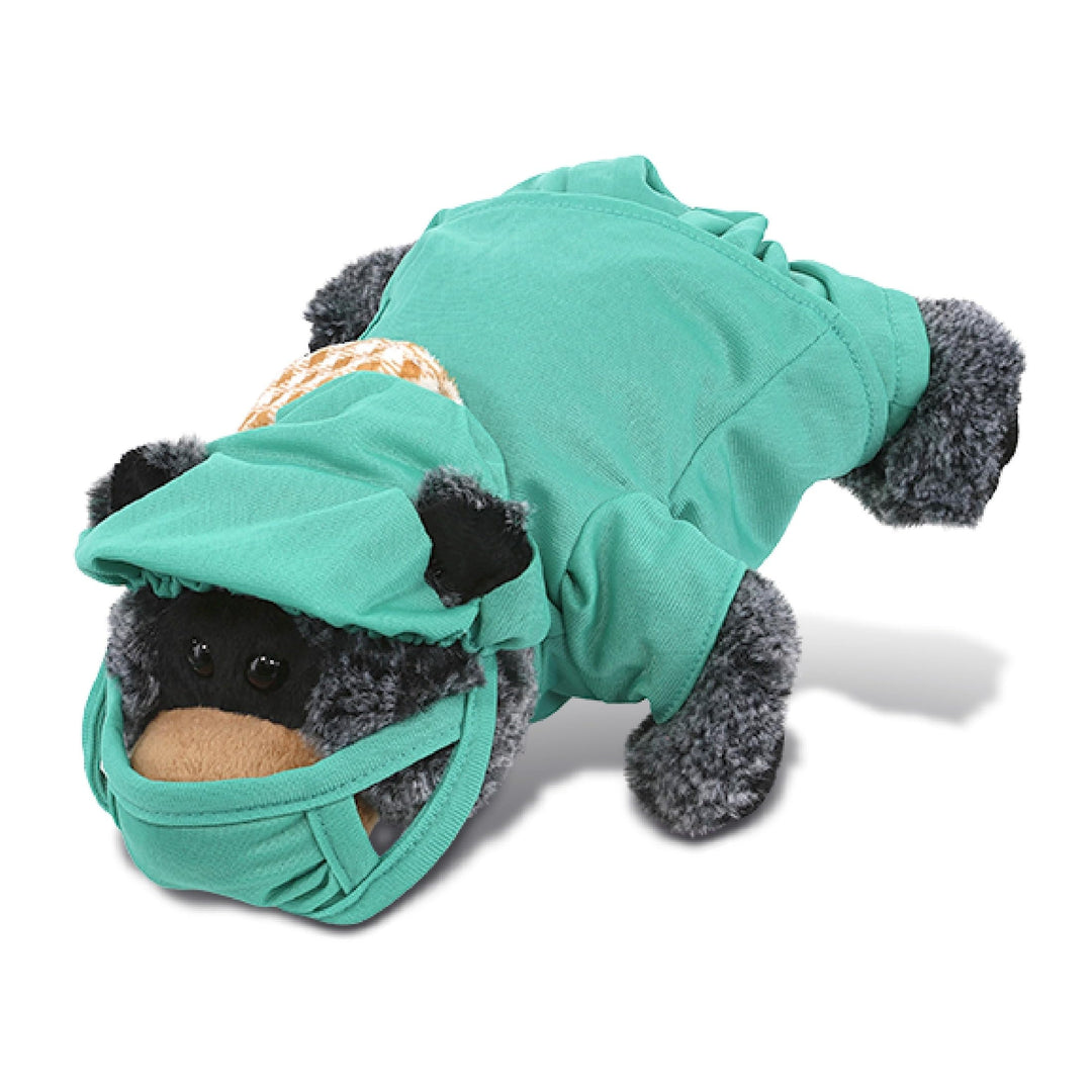 Black Bear Doctor Plush with Scrub Uniform Cap Outfit 9 Inches Green Polyester