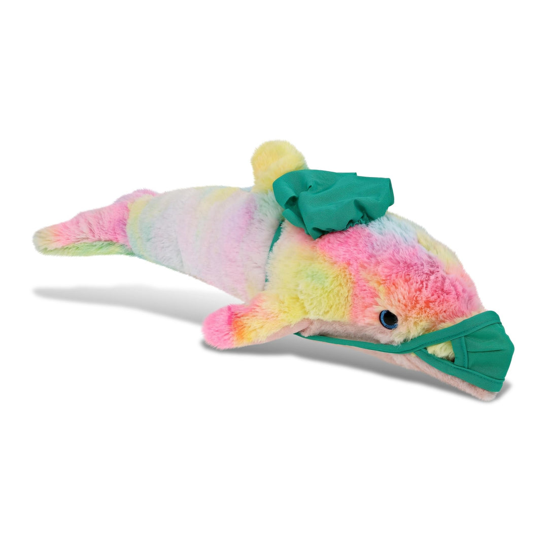 Large Rainbow Dolphin Doctor Plush with Scrub Uniform and Cap 18 Inches Multi Color Polyester