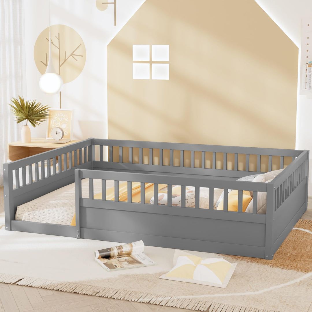 Full Size Wood Kids Floor Beds Frame with Fence and High Guardrails