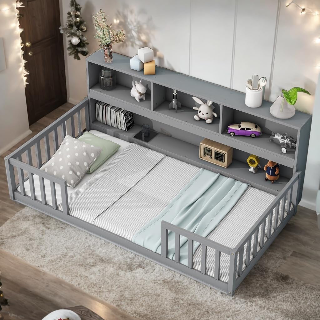 Twin Size Bed Kids Floor with Safety Guardrails Grey Mid-Century Modern Contemporary Wood