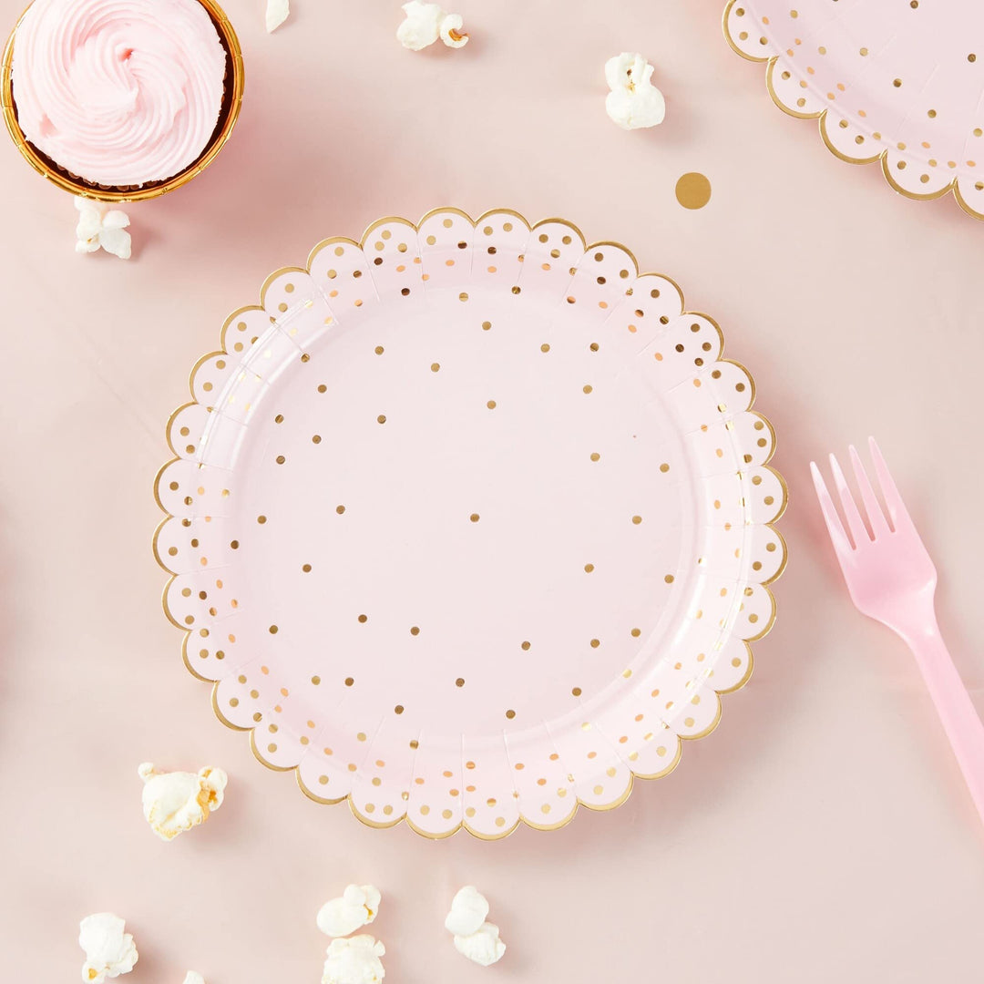 Scalloped Polka Dot Paper Plates Rose Gold 30th Birthday Decorations