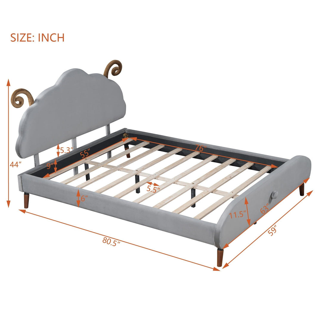 Full Size Velvet Upholstered Platform Bed with Sheep-Shaped