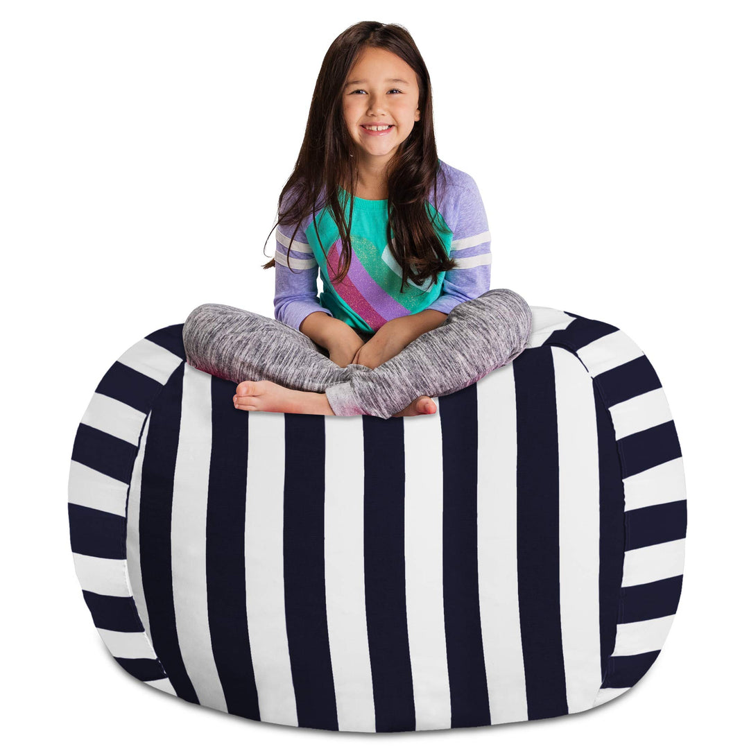 Posh Stuffable Kids Stuffed Animal Storage Bean Bag Chair Cover - Childrens Toy Organizer, X-Large 48" - Canvas Stripes Blue and White