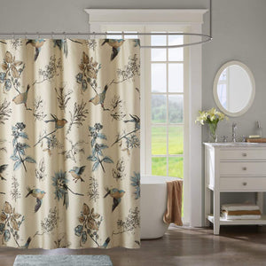 Khaki Blue Birds Floral Pattern Shower Curtain 72"x72", Elegant Kids Animal Print Bathroom Drape Brown Nature Motif Lovely Flowers Bathtub Curtain, Bright Colors, Modern Bohemian Style, Cotton