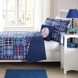 I/M 3 Piece Blue Kids Plaid Twin Quilt Set, Baseball Theme Pillow Cabin Lodge Checkered Pattern Bedding,Lumberjack Rugby Stripe Tartan Madras Patchwork Horizontal Vertical Striped Squares, Microfiber