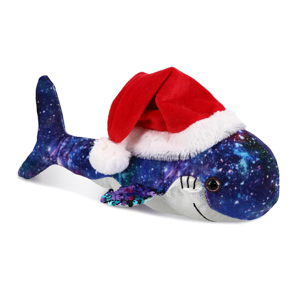 Santa Space Sequin Shark Stuffed Animal Plush with Hat 12 Inches Purple Red White Polyester