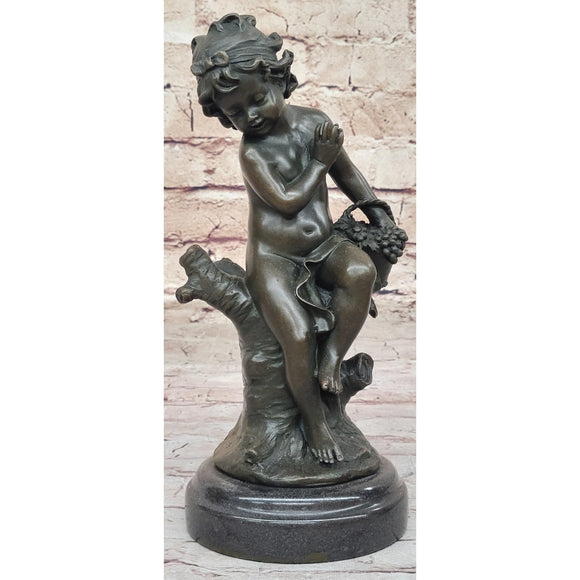 Small Child Girl Toddler Holding Basket of Grapes Bronze Sculpture Brown Finish Handmade