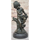 Small Child Girl Toddler Holding Basket of Grapes Bronze Sculpture Brown Finish Handmade