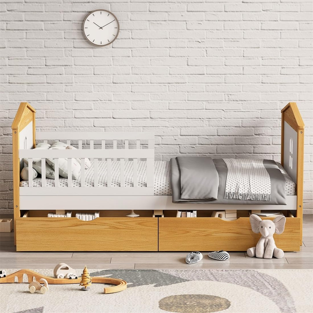 Twin Size House Shape Kids Wooden Bed Frame with 2 Drawers