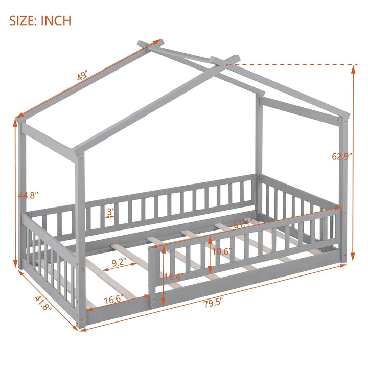 Twin Size Wood Bed House Frame with Fence for Kids Teens Girls Boys