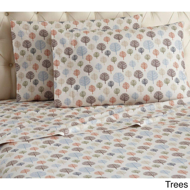 Girls Red Blue Trees Sheet Twin Set, Green Brown Color Allover Pine Tree Pattern Kids Bedding for Bedroom, Modern Classic Forest Garden Nature Themed Teen, Flannel