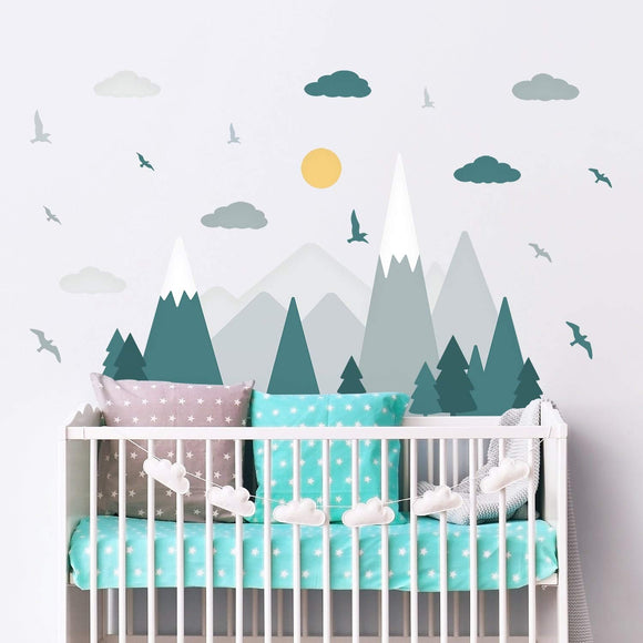 Green Grey Mountains Landscape Clouds Birds Children Wall Stickers