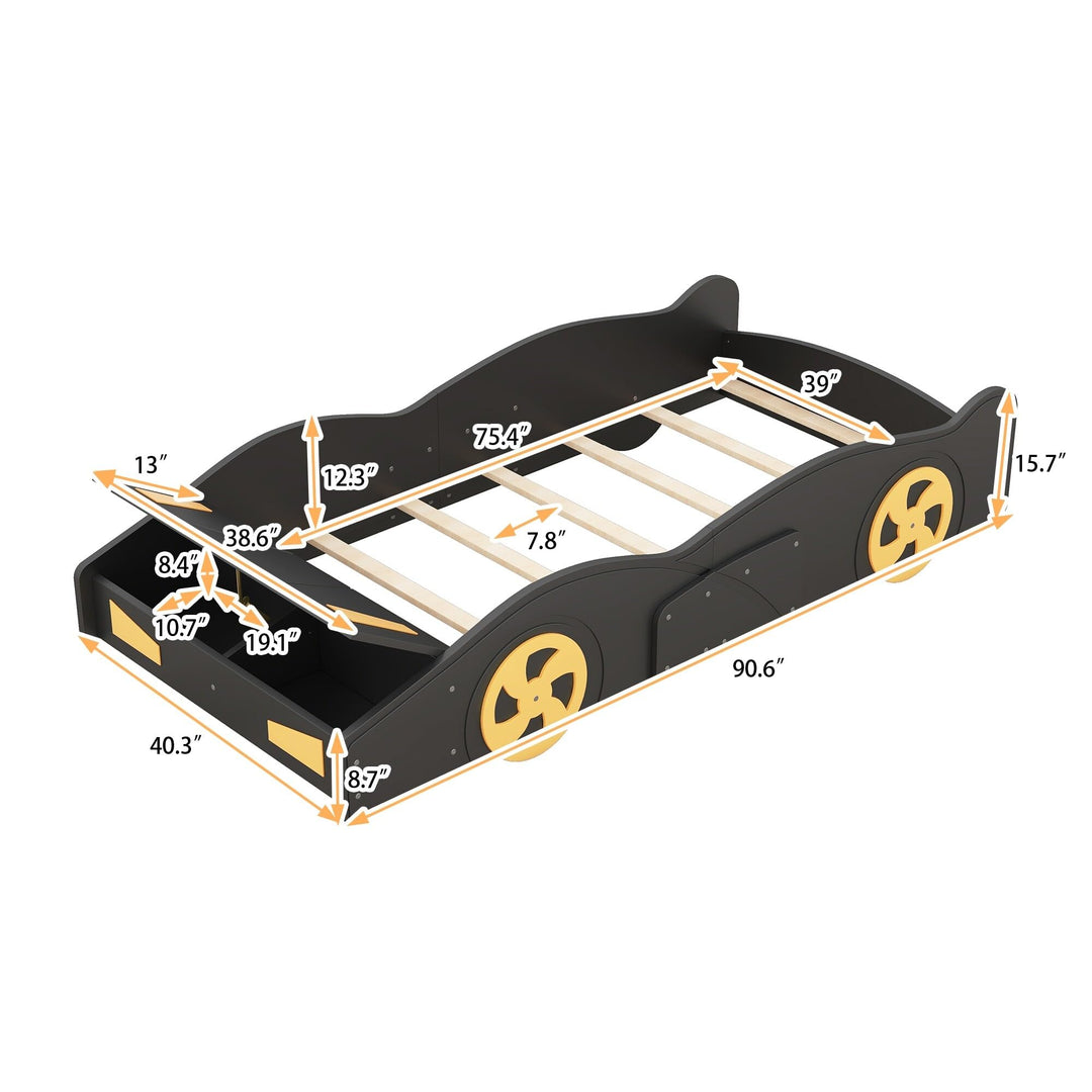 Twin Size Race Car-Shaped Platform Bed with Wheels and Storage