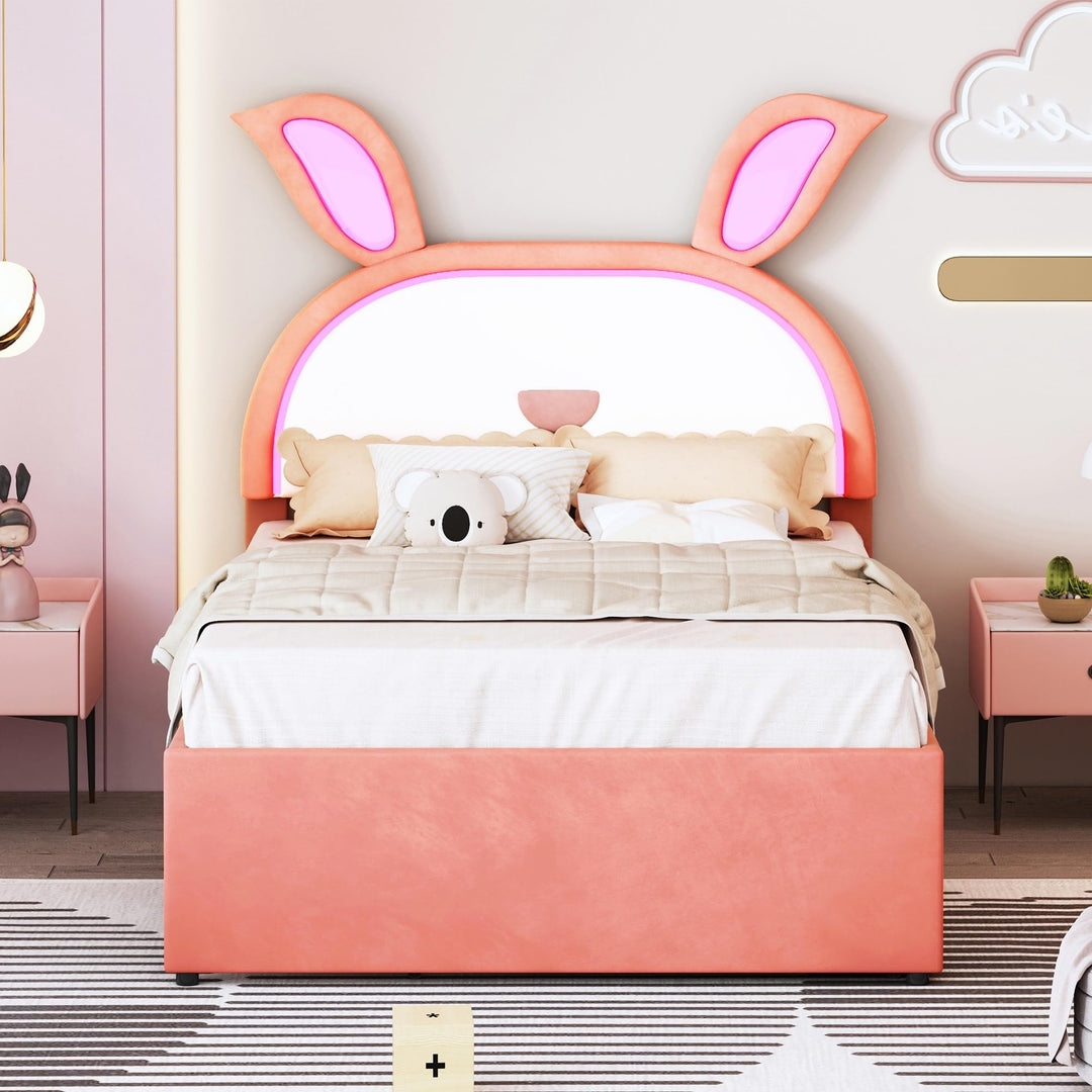 Pink Upholstered Platform Bed with Trundle 3 Drawers Embedded Led Lights Rabbit-Shaped Headboard for Kids Full Modern Contemporary Urban Girls Animals Princess Leather