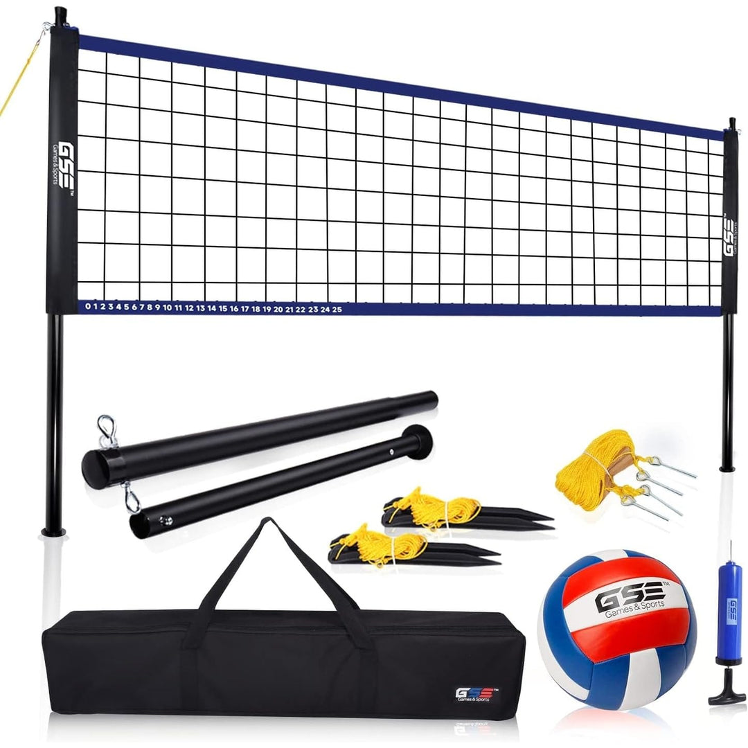 Portable Volleyball Complete Set with Net Ball Pump Outdoor Backyard Beach Games Blue