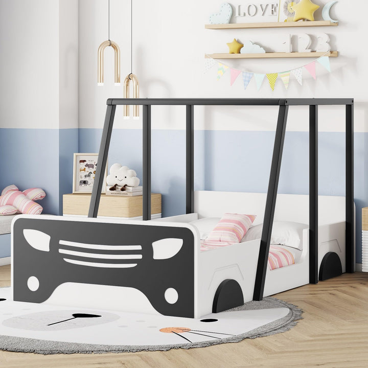 Twin Size Bed Kids Car-Shaped Black Mid-Century Modern Contemporary Wood