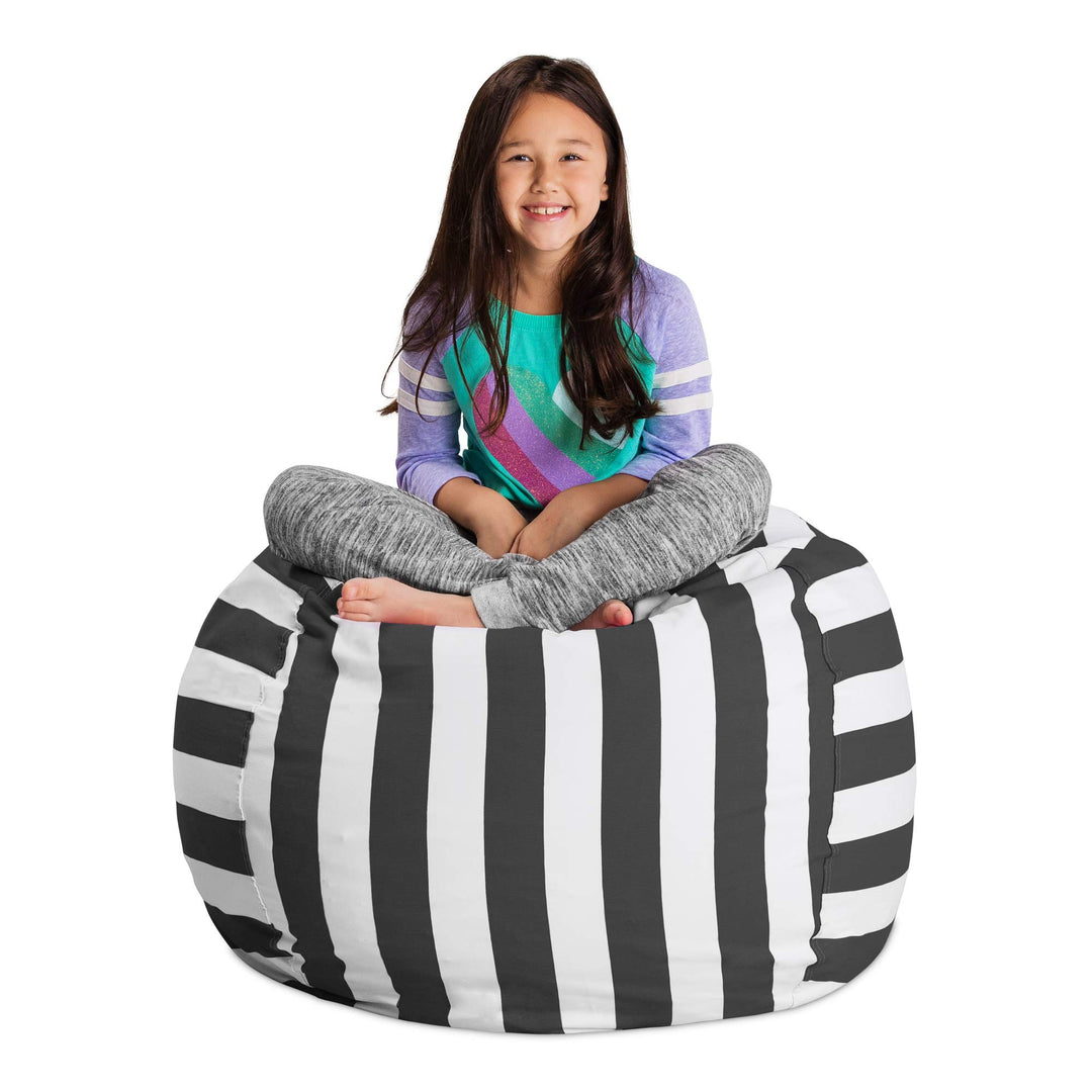 Posh Stuffable Kids Stuffed Animal Storage Bean Bag Chair Cover - Childrens Toy Organizer, Large 38" - Canvas Stripes Gray and White