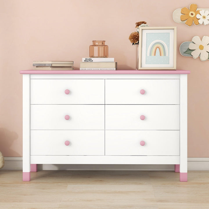 Wooden Storage Dresser with 6 Drawers Cabinet for Kids Bedroom White+Pink White Modern Contemporary Princess Wood Finish Includes Hardware