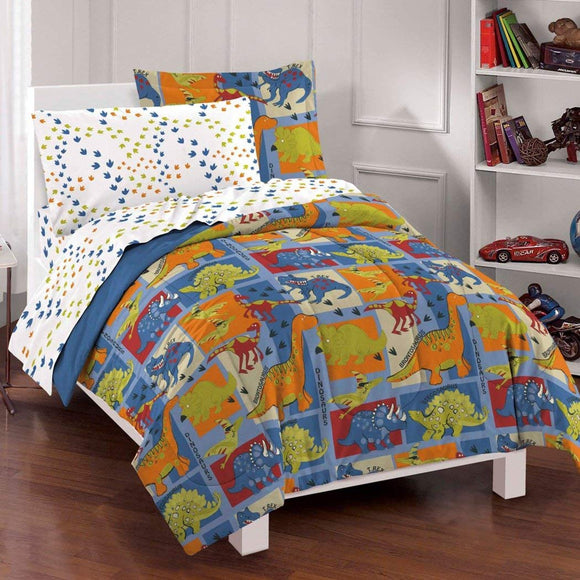 Kids Dinosaur Themed Comforter Twin Set, All Over Cute Dino Print, Fun Multi Foot Print Pattern, Brontosaurus, Triceratops, Stegosaurus, Reversible Bedding, Vibrant Colors Blue Red Green