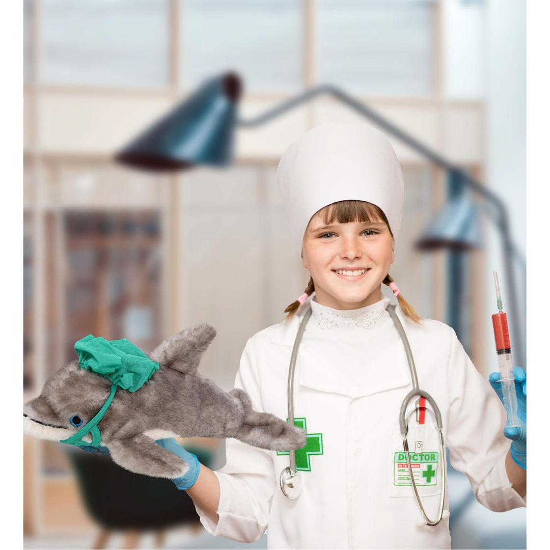 Grey Dolphin Doctor Plush Toy with Cute Scrub Uniform and Cap 16.5