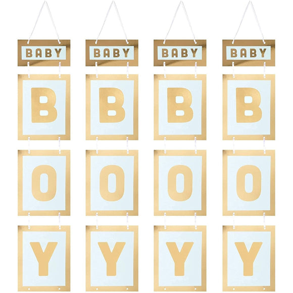 Gold Foil Hanging Sign for Boy Baby Shower (4 Pack) Blue Paper