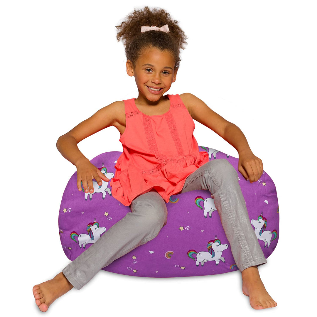 Posh Creations Bean Bag Chair for Kids, Teens, and Adults Includes Removable and Machine Washable Cover, 27in - Medium, Canvas Unicorn and Rainbows on Purple