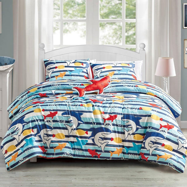 Blue Sharks Fish Sea Life Kids Comforter Set Embroidery Soft Bedding Graphic Print Casual Polyester 3 Piece