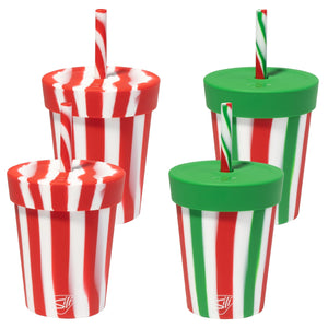 Silipint: Silicone Kids 8oz Straw Tumblers: 4 Pack - (2) Peppermint & (2) Poinsettia - Stocking Stuffer, Holiday Gift, Sustainable