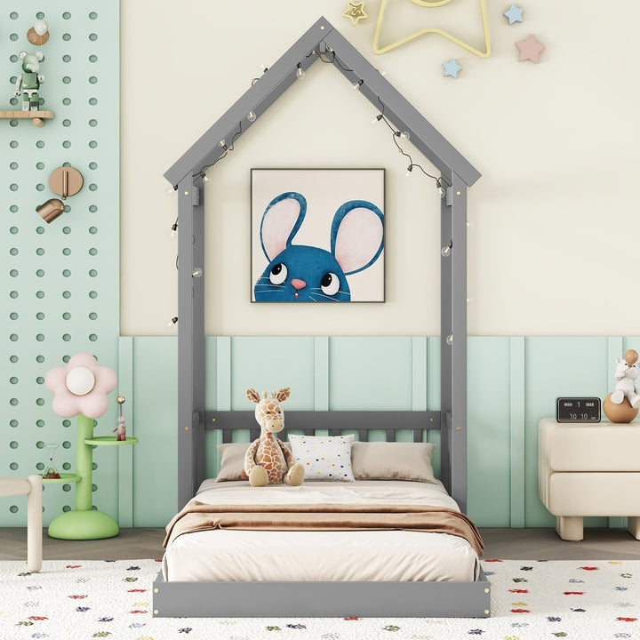 win Size Bed Kids House Frame Floor Wooden Grey Modern Contemporary