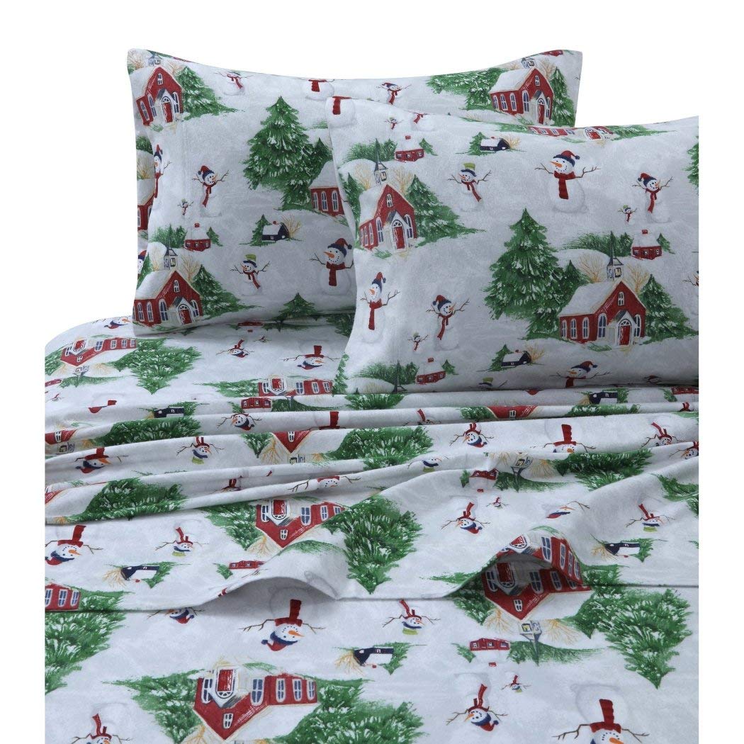 Girls Snowman Off White Green Red Sheet Cal King California Set, Multi Pine Tree Cabin Holiday Print Kids Bedding Teen Bedroom, Traditional Contemporary Frozen Christmas Winter, Cotton Flannel