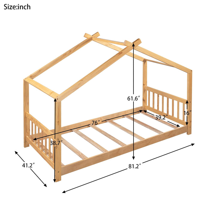 Twin Size House Platform Bed with Roof Wooden Headboard Footboard Wood