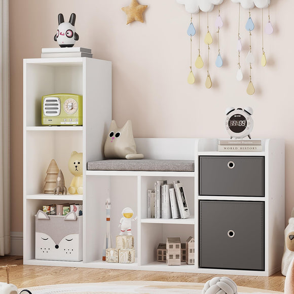 Kids White Bookcase 6-Cubby Storage Bench for Kids' Room 11.8