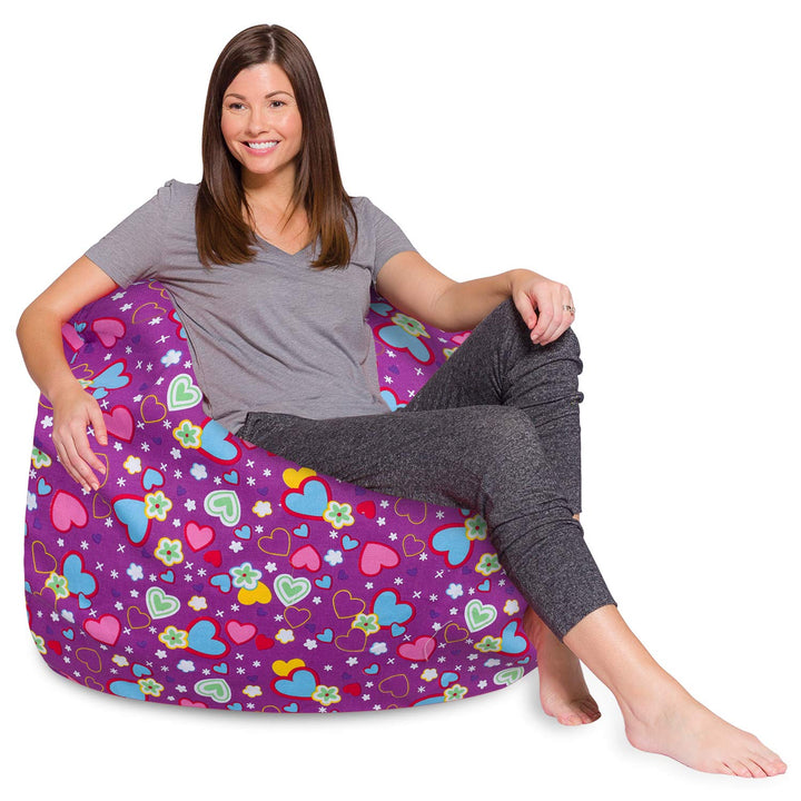 Posh Creations Bean Bag Chair for Kids, Teens, and Adults Includes Removable and Machine Washable Cover, 48in - X-Large, Canvas Multi-Colored Hearts on Purple