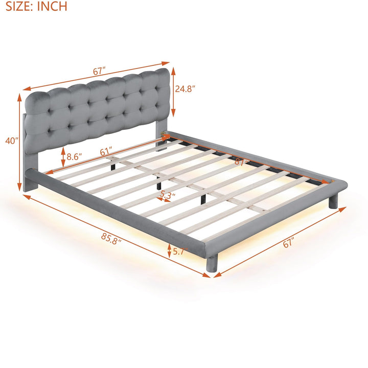 Queen Velvet Platform Bed with Led Frame Button-Tufted Design