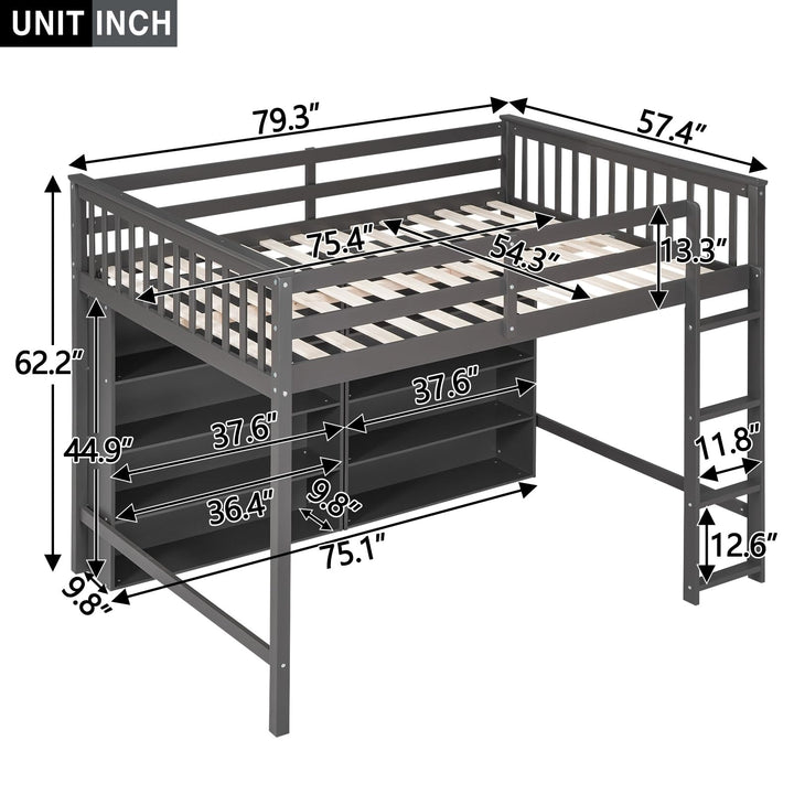 Gray Wooden Full High Loft Bed with 8 Open Storage Shelves Built-in