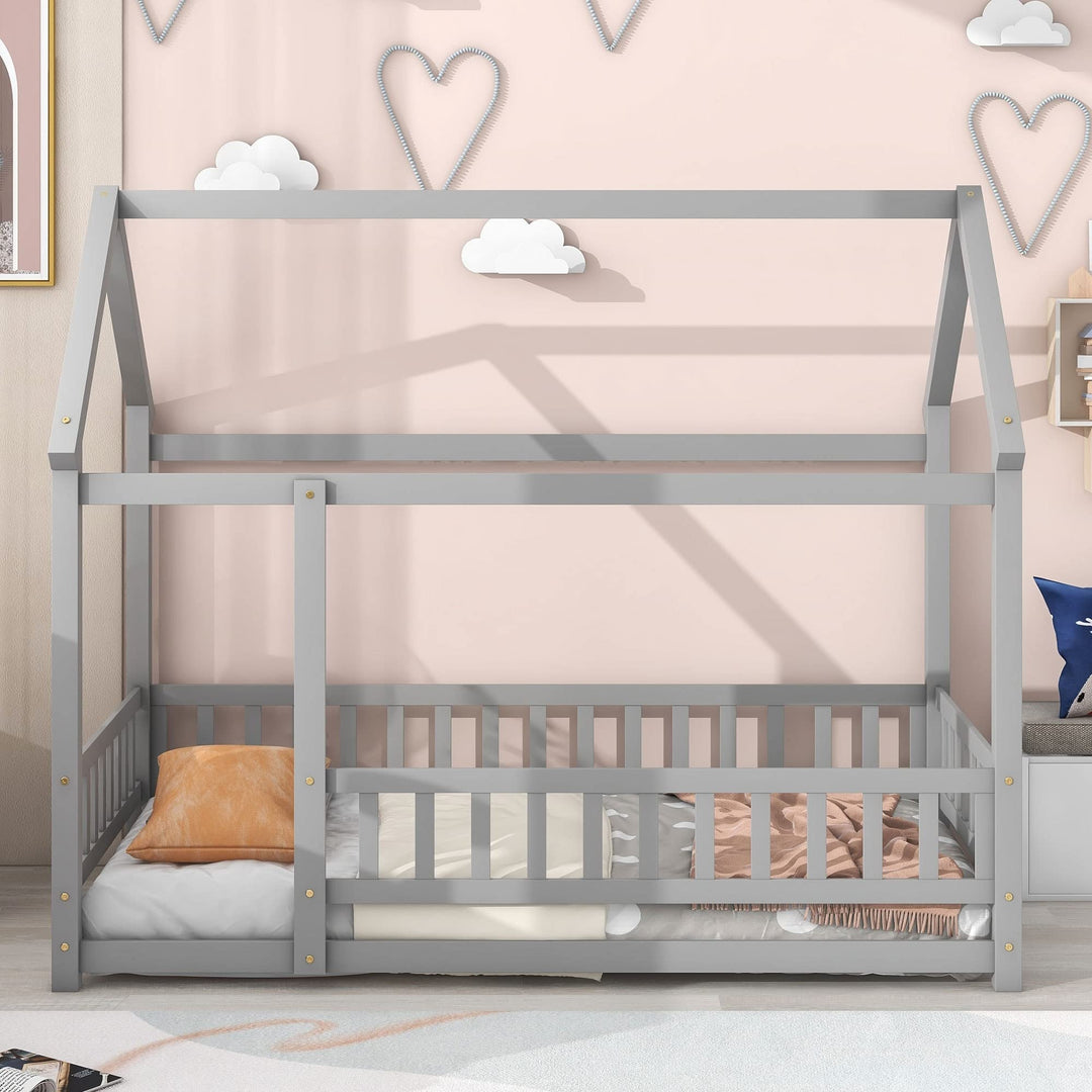 Twin Size Bed Floor Kids Mother Child Grey Modern Contemporary Traditional Wood