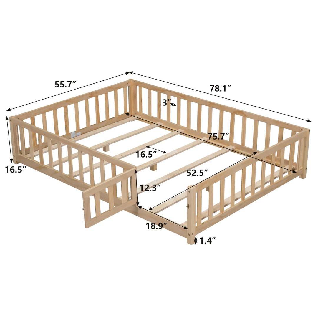 Full Size Floor Platform Bed with Fence and Door for Kids Frame