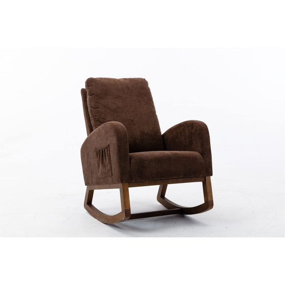 Brown 37'' Modern Nursery Rocking Armchair Comfortable Upholstered Tall Back Accent Glider Rocker Use Solid Mid-Century Pattern Polyester Wood Finish Padded Seat