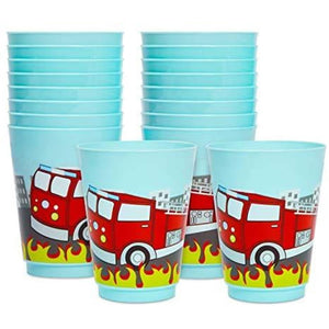 16 Oz Plastic Tumbler Cups Fire Truck Birthday Party Supplies (Blue Pack) Multi Color Holiday Modern Contemporary Round Piece