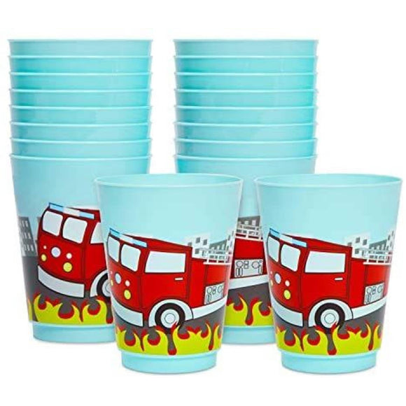 16 Oz Plastic Tumbler Cups Fire Truck Birthday Party Supplies (Blue Pack) Multi Color Holiday Modern Contemporary Round Piece