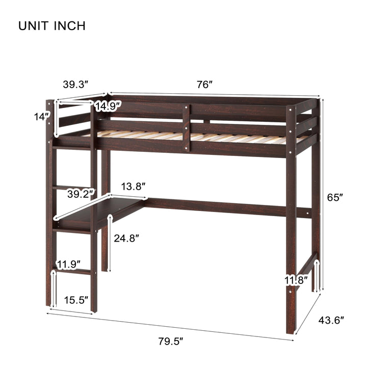 Twin Size Pine Wood Loft Bed Frame with Built-in Desk Kids Ladder