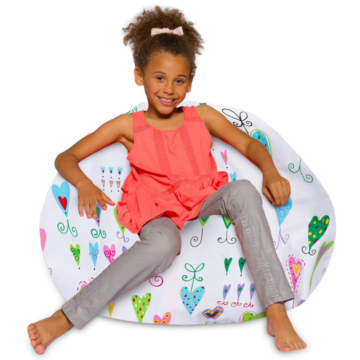 Posh Creations Bean Bag Chair for Kids, Teens, and Adults Includes Removable and Machine Washable Cover, Canvas Multi-Colored Hearts on White, 38in - Large