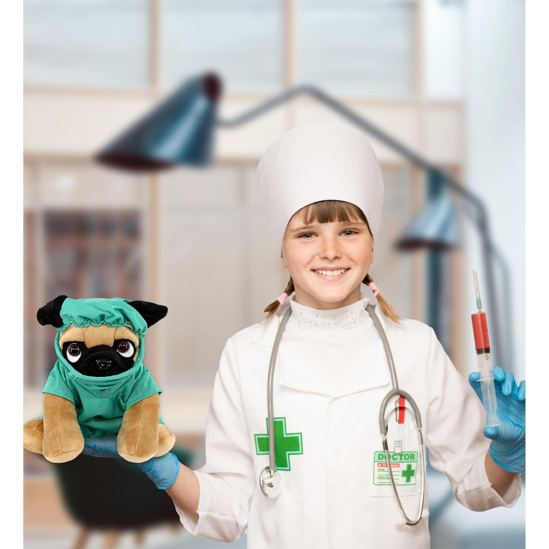 Pug Dog Doctor Plush with Cute Scrub Uniform and Cap Outfit 8 Inches