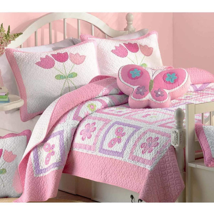 Girls Multi Color Butterfly Flower Printed Quilt Set Twin, Green Pink White Square Box Floral Animal Printed Teen Themed Kids Bedding for Bedroom Cuddly Fancy Colorful, Cotton