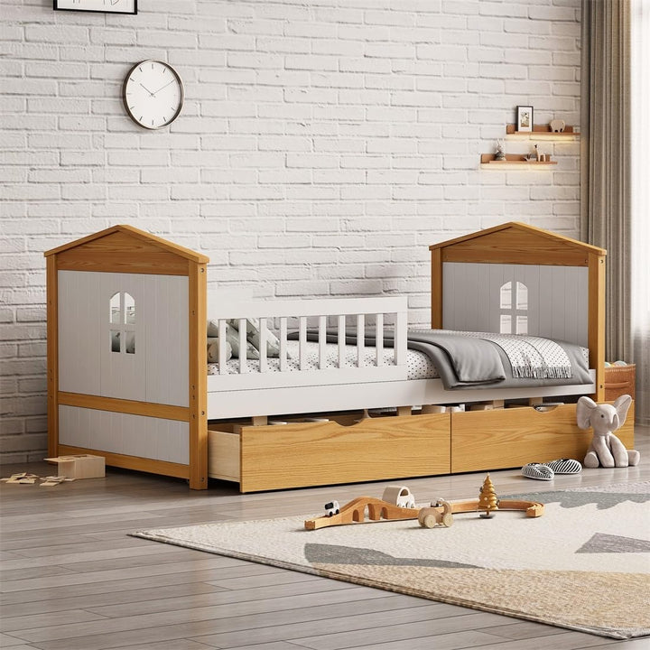 Twin Size House Shape Kids Wooden Bed Frame with 2 Drawers