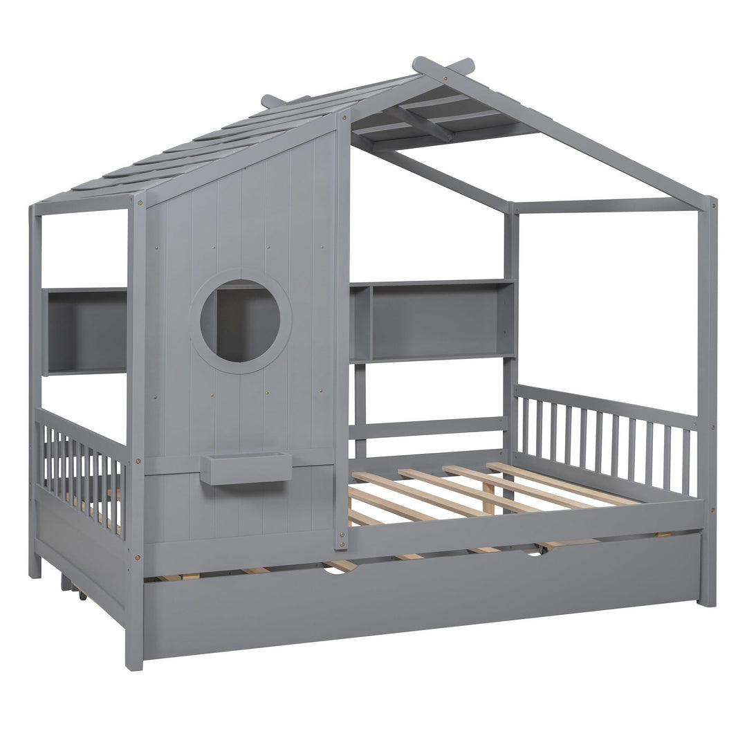 Full Size Wooden House Bed with Trundle and Storage for Kids Grey